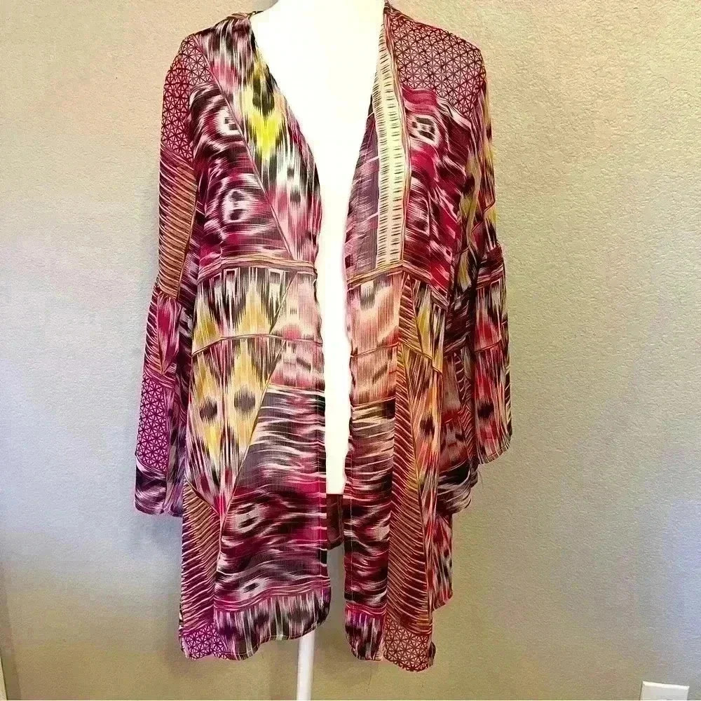 Kaktus sheer shawl or kimono with bell sleeves hot pink, white, yellow and black